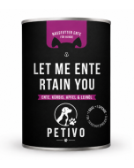 Schwarze Nassfutterdose für Hunde mit der Aufschrift „Let me ENTErtain you“.