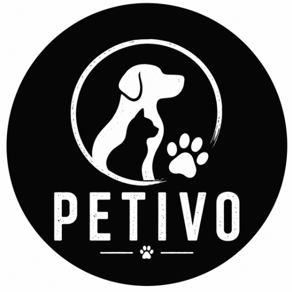 Logo von Petivo mit einer stilisierten Hundesilhouette, in deren Form eine Katze integriert ist, in schwarz und weiß.